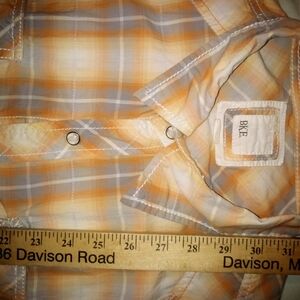 BKE Men's XL Casual Orange and White Pearl Snap Plaid Shirt